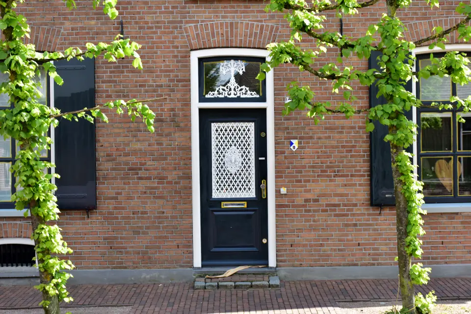 Bakstenen gevel met een zwarte voordeur, witte kozijnen en klimop